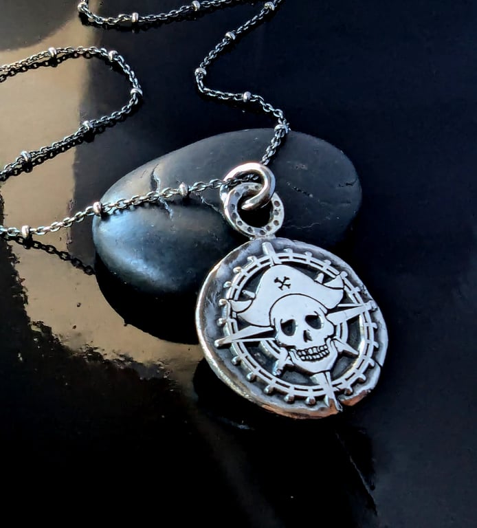 Sterling Silver Pirate Skull Compass and Sun, Moon and Stars Talisman pendant
