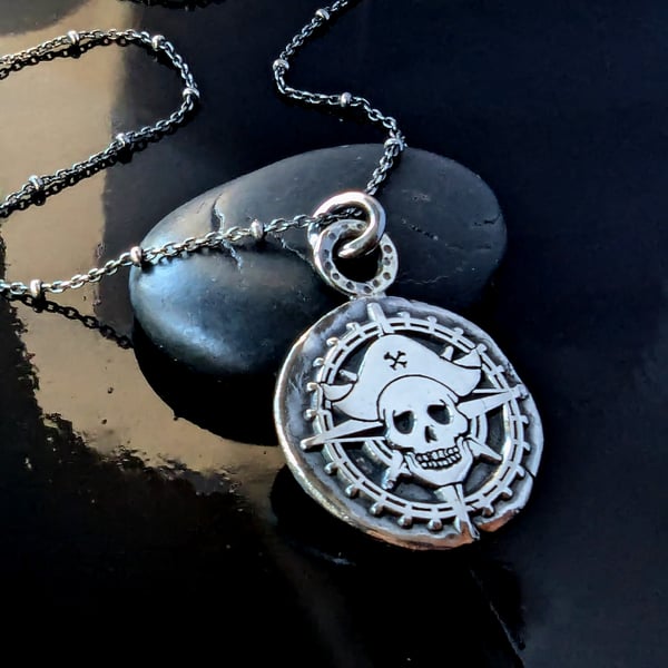 Sterling Silver Pirate Skull Compass and Sun, Moon and Stars Talisman pendant