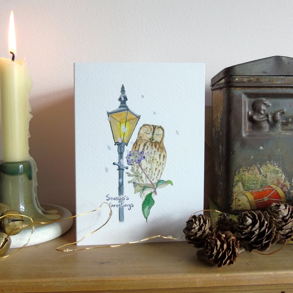 Tawny owl and Lamp Post Christmas Card