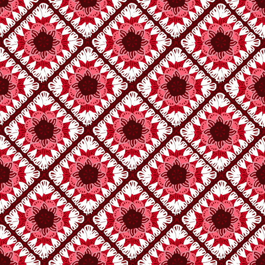 Digital print crochet-inspired floral granny squares vibrant seamless pattern