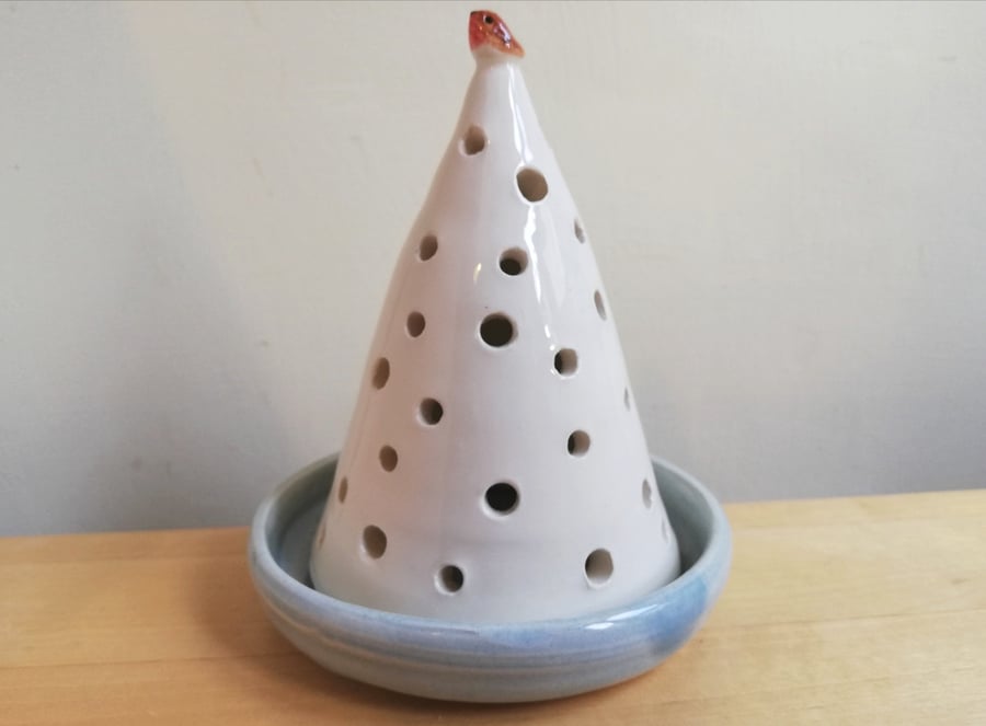 Ceramic white Christmas tree & robin tealight Handmade lantern candle holder