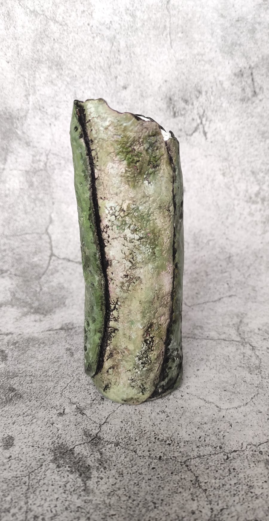 Clay Slab Green Vase, Lichen and Moss, Organic Form, Weathered Vessel