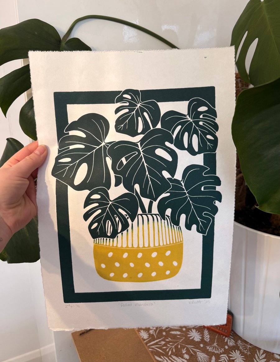 Potted Monstera - Original Hand Printed Linocut