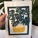 Potted Monstera - Original Hand Printed Linocut