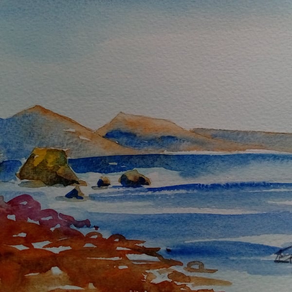 Original watercolour painting, Isle of Arran from Mull of Kintyre, Scotland, A5