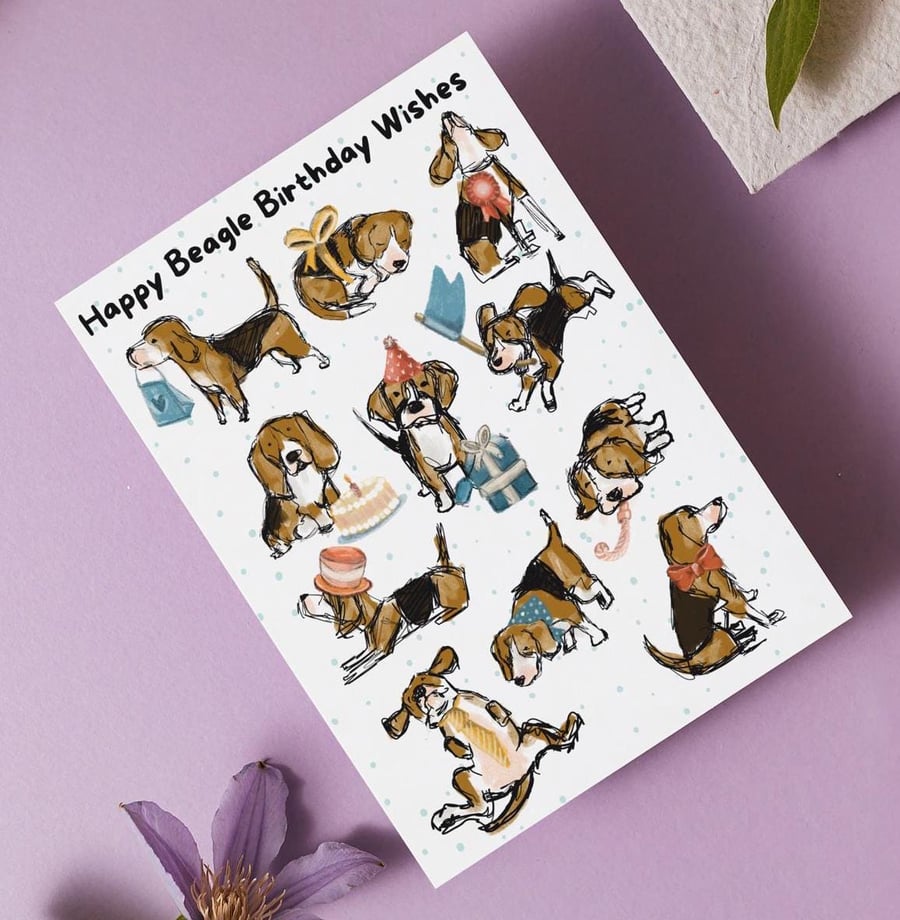 Beagle Birthday Wishes Card for Dog Lovers - greeting card hand drawn 