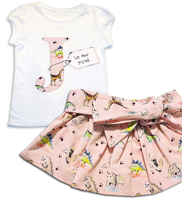 Girl's Personalised Dinosaur Skirt and T-Shirt Outfit