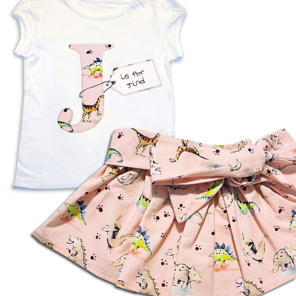 Girl's Personalised Dinosaur Skirt and T-Shirt Outfit