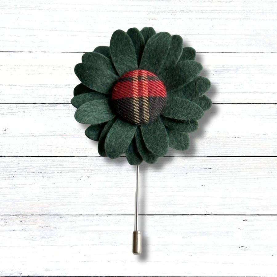 Flower Lapel Pin, Tartan, Christmas Lapel Pin