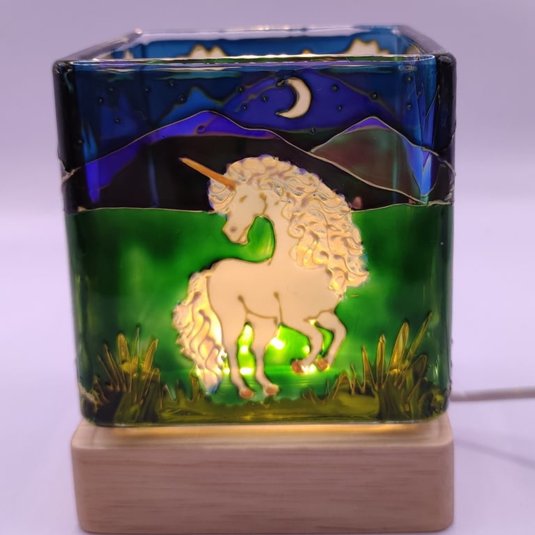 Candle holder, hand painted glass
