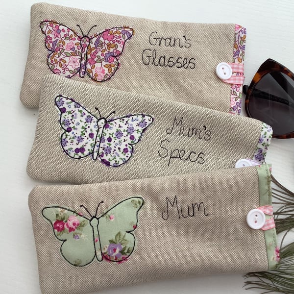 Personalised Butterfly Glasses Case - Free Motion Embroidery Linen Gift