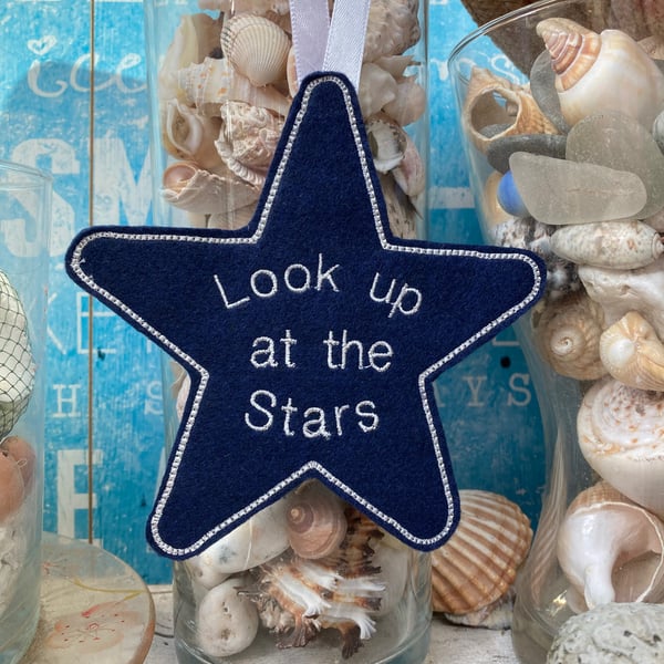 Blue felt Star Decoration, hanging embroidered star, look up at the stars