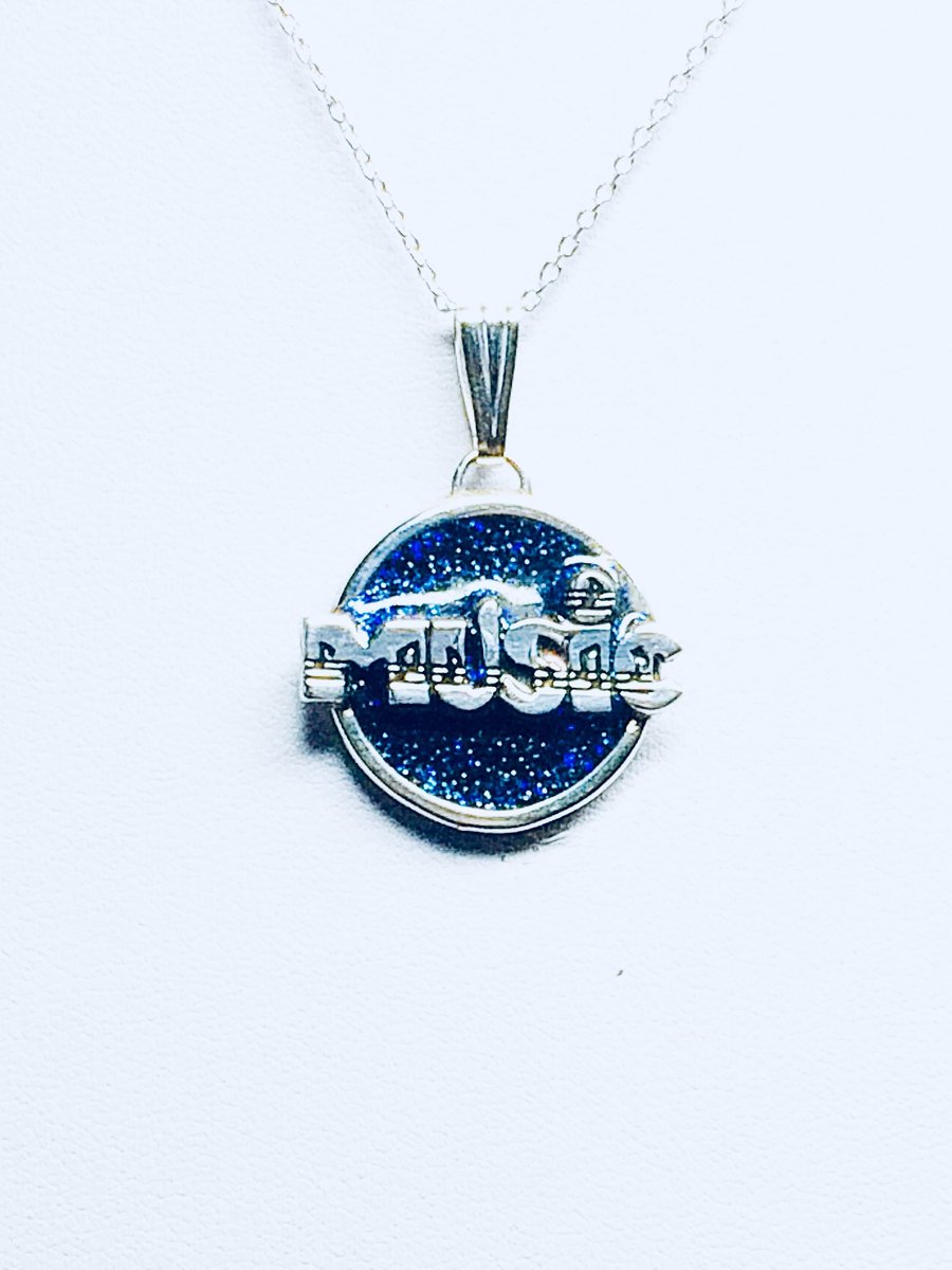 Handmade Sterling Silver Pendant with detailed 'MUSIC' logo set in Blue Glitter