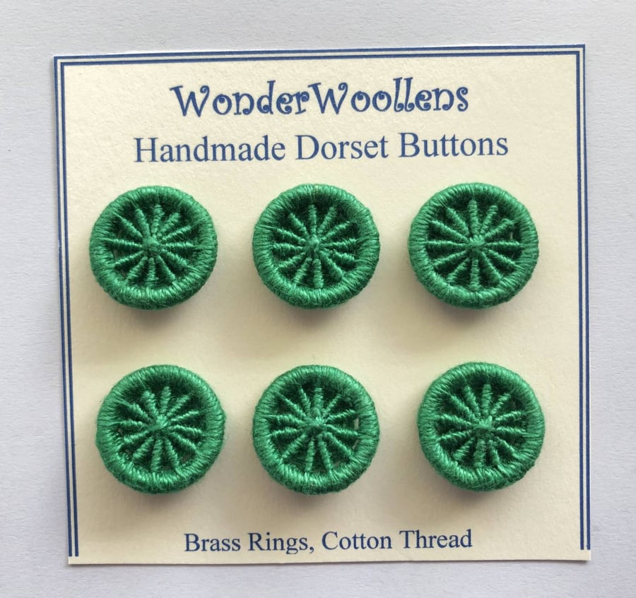 Dorset Buttons or Embellishments, Six x 2cm, Handmade from Green Cotton thread 