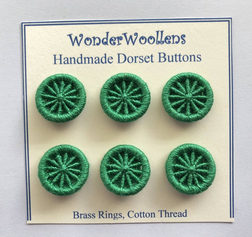 Dorset Buttons or Embellishments, Six x 2cm, Handmade from Green Cotton thread 