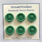 Dorset Buttons or Embellishments, Six x 2cm, Handmade from Green Cotton thread 