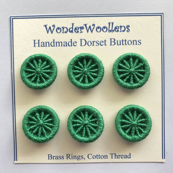 Dorset Buttons or Embellishments, Six x 2cm, Handmade from Green Cotton thread 