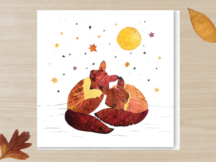  Sleeping Foxes, Pressed Autumn Leaf Print card,