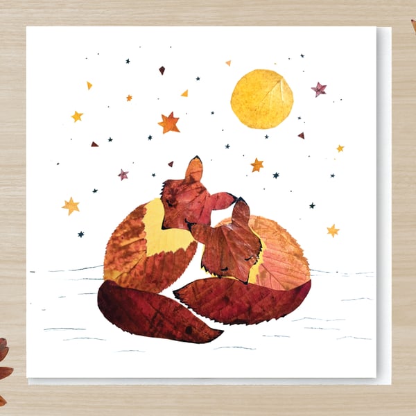  Sleeping Foxes, Pressed Autumn Leaf Print card,