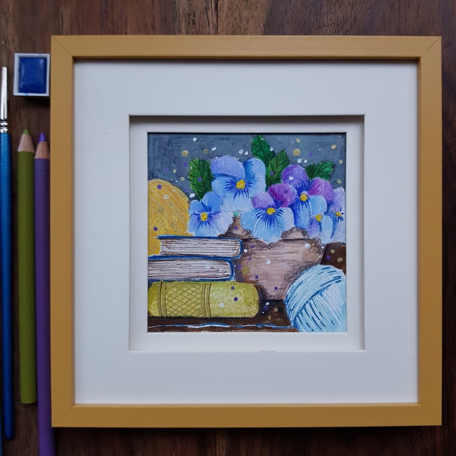 Violets, books and yarn - orignal artwork, framed 