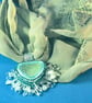 Blue-Green Sea Glass Heart Necklace on Vintage Scarf - Image 2
