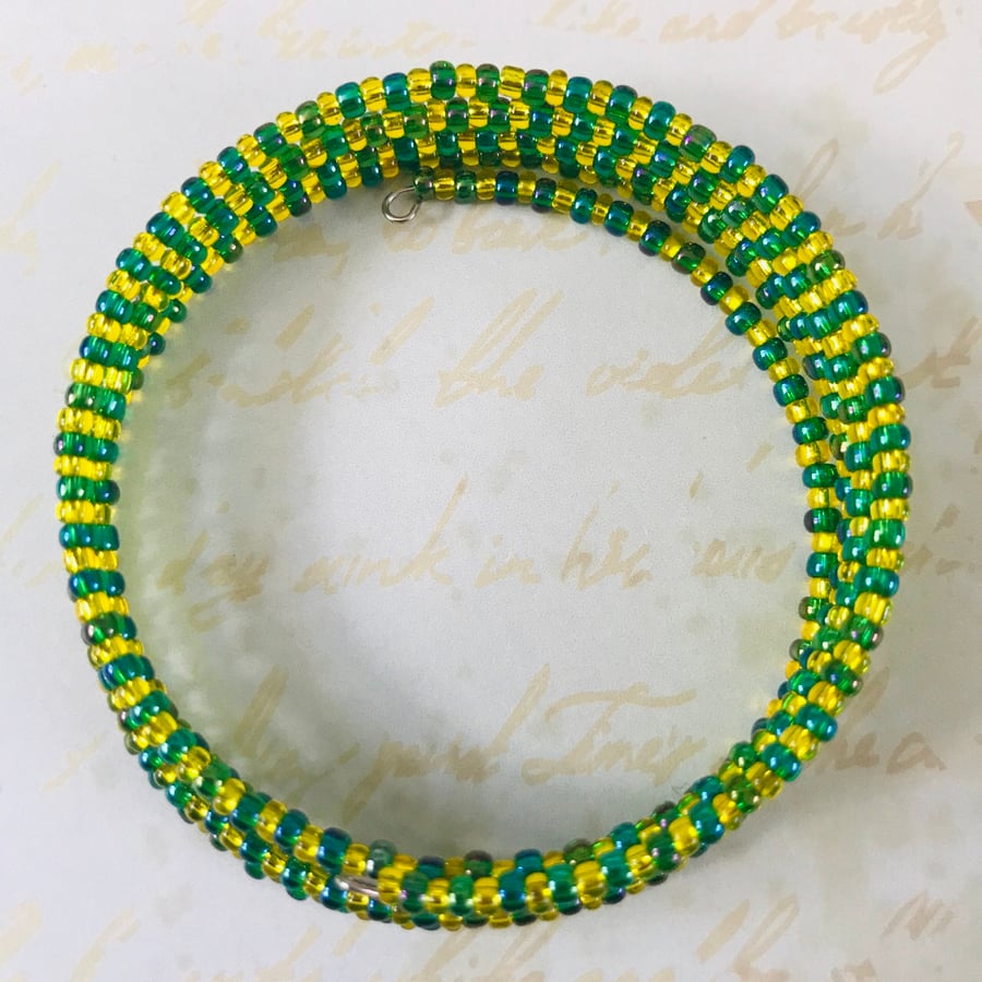 Green & Golden Yellow Seed Beaded Memory Wire Bracelet