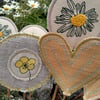 Screen printed fabric flowers on willow - Daisies and hearts