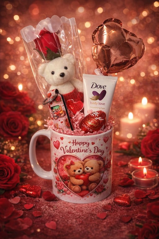 Handmade Valentine’s Gift in a Mug – Teddy Bear, Rose & Pamper Treats