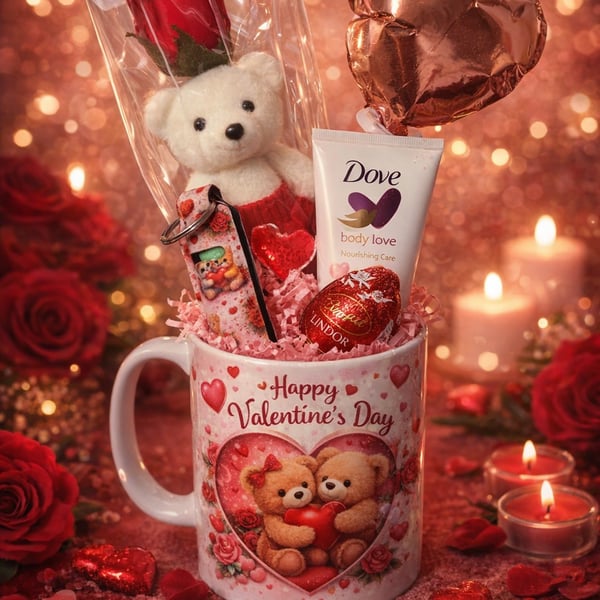 Handmade Valentine’s Gift in a Mug – Teddy Bear, Rose & Pamper Treats
