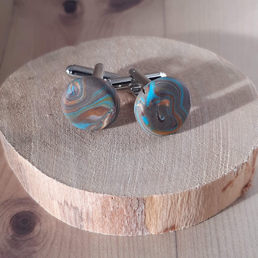 Handmade cufflinks in brown and turquoise swirl