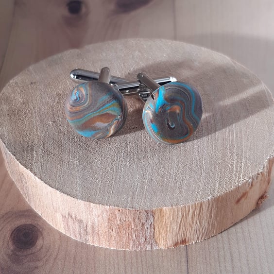 Handmade cufflinks in brown and turquoise swirl