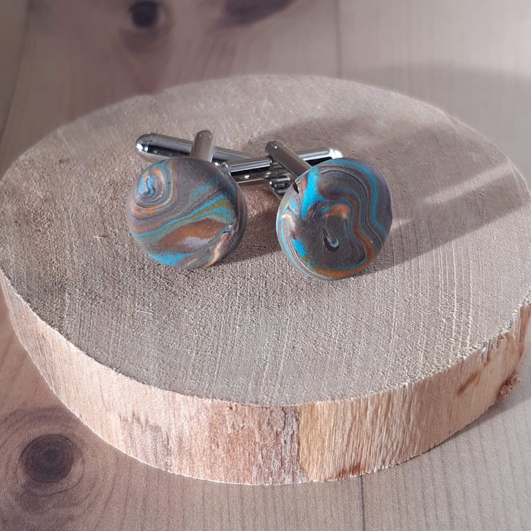 Handmade cufflinks in brown and turquoise swirl