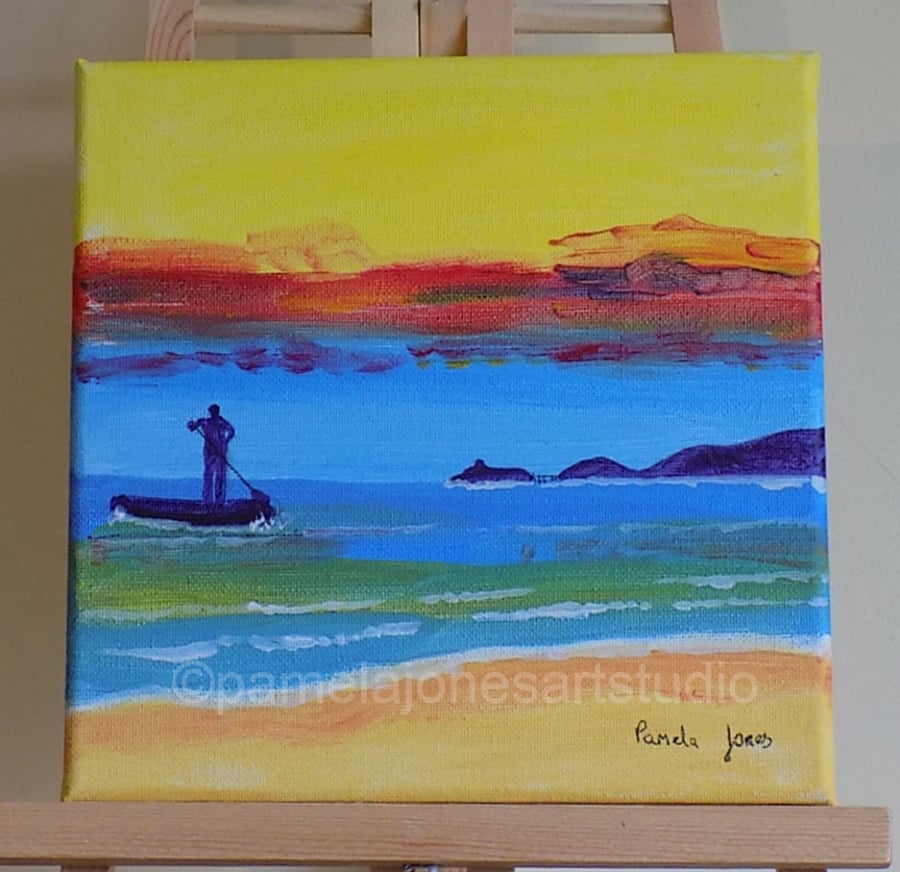 Paddle Boarder, Mumbles, Acrylic Painting, On stretched Canvas, 20 x 20 cm