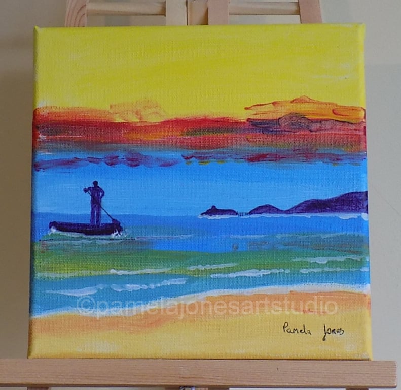 Paddle Boarder, Mumbles, Acrylic Painting, On stretched Canvas, 20 x 20 cm