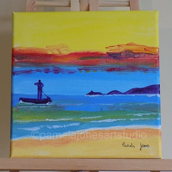 Paddle Boarder, Mumbles, Acrylic Painting, On stretched Canvas, 20 x 20 cm