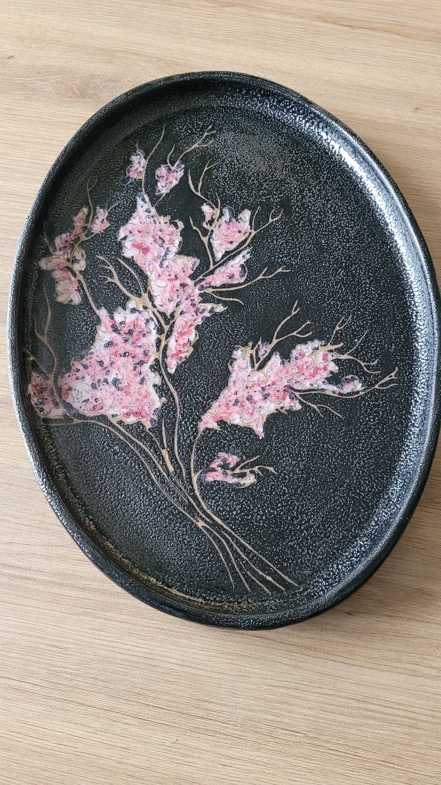 Black and Pink Cherry Blossom Platter Handmade Pottery