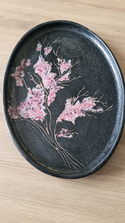Black and Pink Cherry Blossom Platter Handmade Pottery