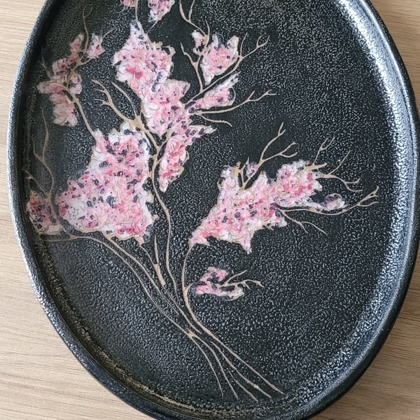 Black and Pink Cherry Blossom Platter Handmade Pottery