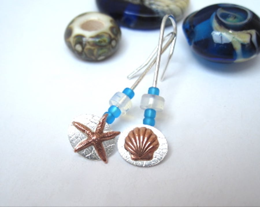  Starfish And Sea Shell Earrings silver with Blue sea Glass Beads