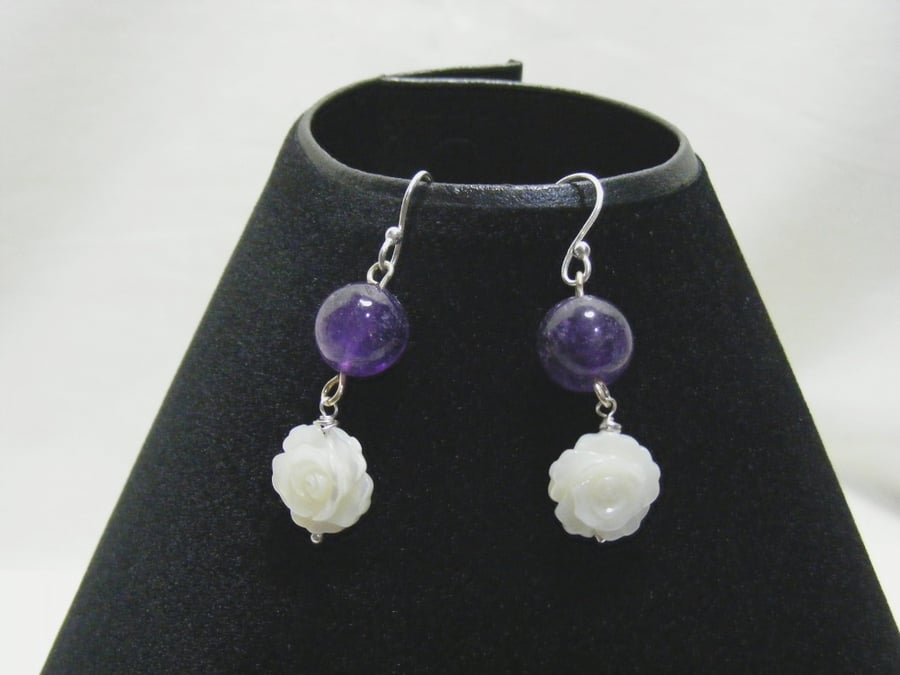 Amethyst and Shell Flower Earrings
