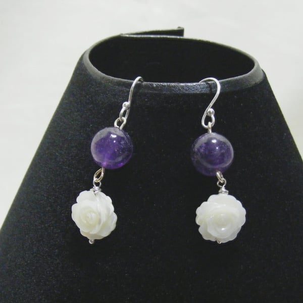 Amethyst and Shell Flower Earrings