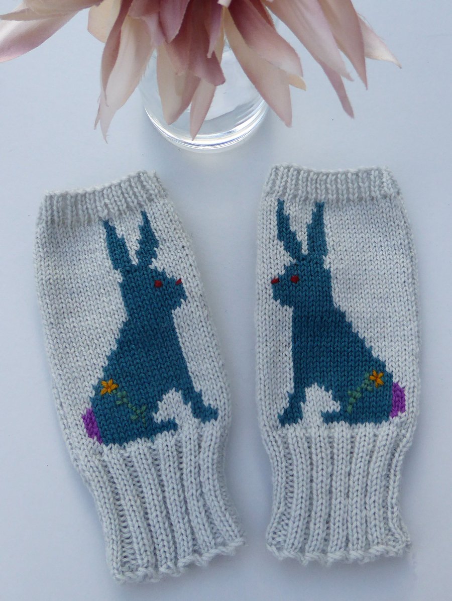 Knitted Fingerless gloves with Embroidered Rabbit Design