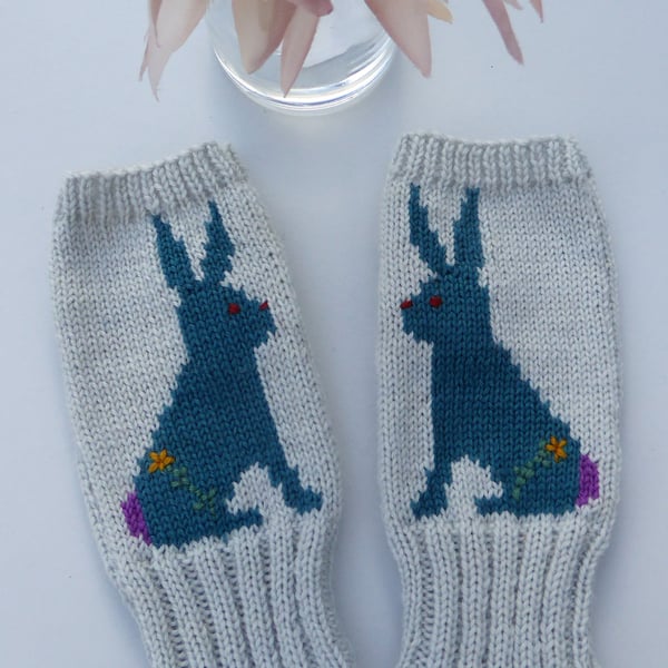 Knitted Fingerless gloves with Embroidered Rabbit Design