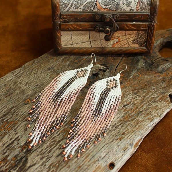 Native American Style Champagne Waterfall Inspired Toho Seed Bead Earrings