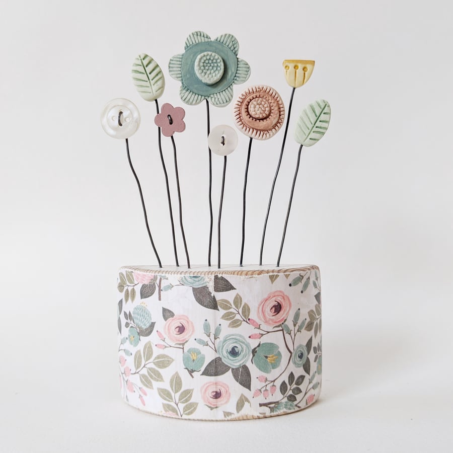 Clay and Button Flower Garden in a Floral Wood Block