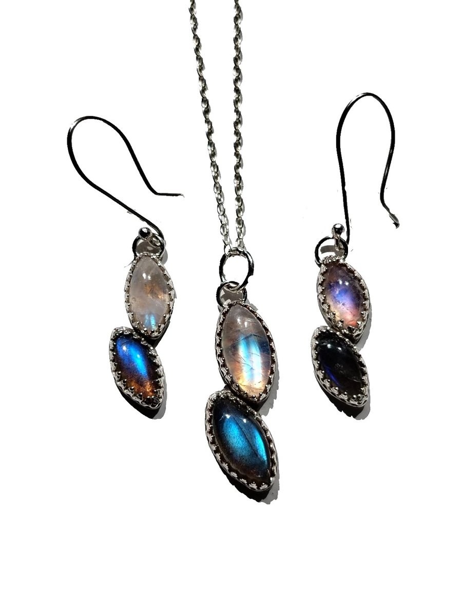 Silver Necklace Earrings Moonstone Labradorite Jewellery Gift Set in Box