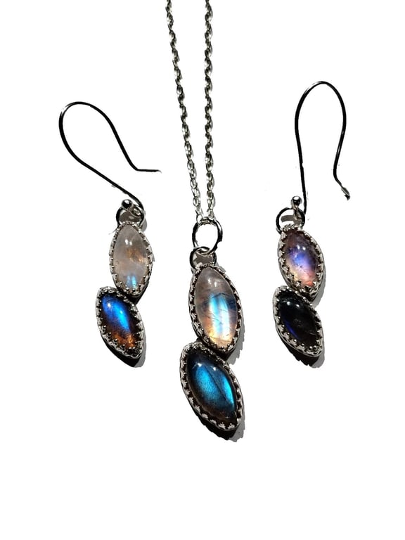 Silver Necklace Earrings Moonstone Labradorite Jewellery Gift Set in Box