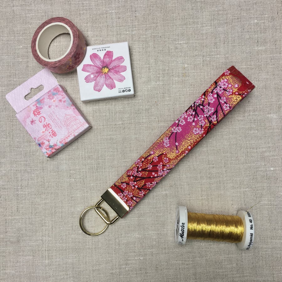 Cerise Pink Blossoms Japanese Fabric Key Fob