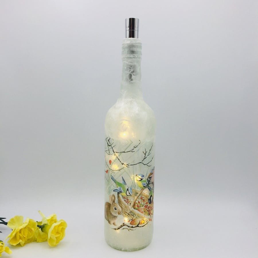 Winter Bottle light, birds and rabbit, winter scene