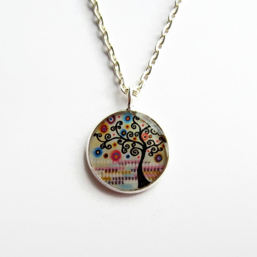 Pastel Tree of Life Necklace, Multicoloured Picture Pendant, 18mm